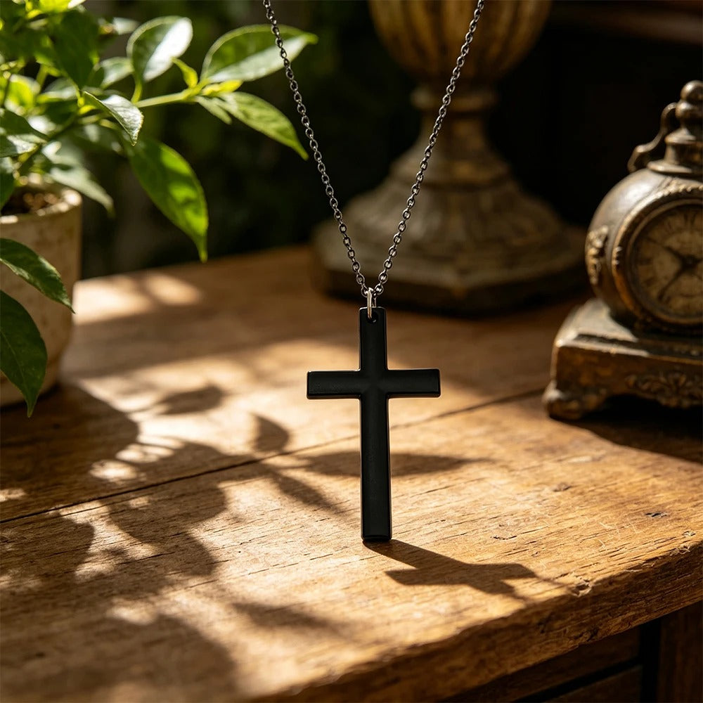 Matte Black Cross Necklace – Unisex Everyday Accessory