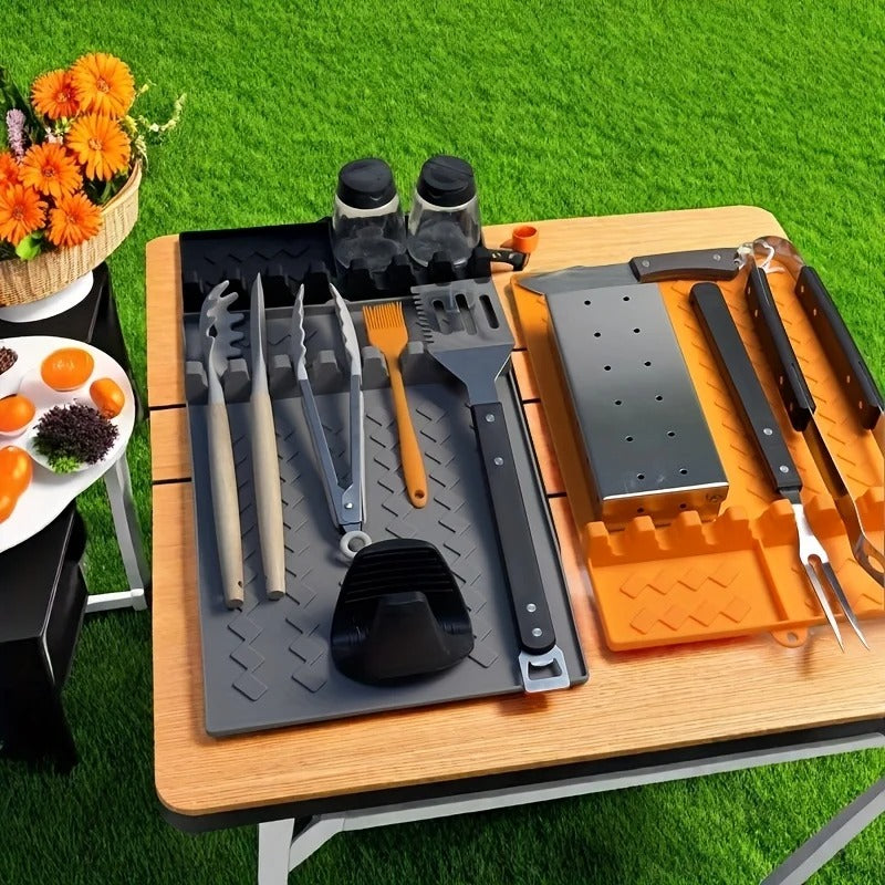 Silicone BBQ Mat with Drip Tray – Heat-Resistant Grill Side Burner & Utensil Holder.