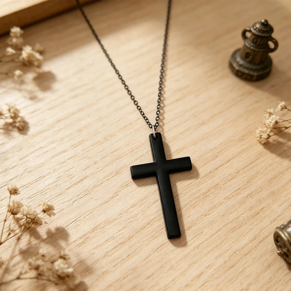Matte Black Cross Necklace – Unisex Everyday Accessory