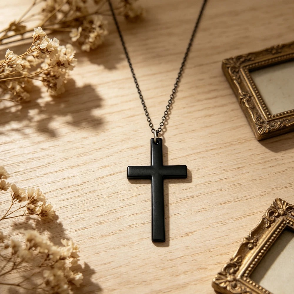 Matte Black Cross Necklace – Unisex Everyday Accessory
