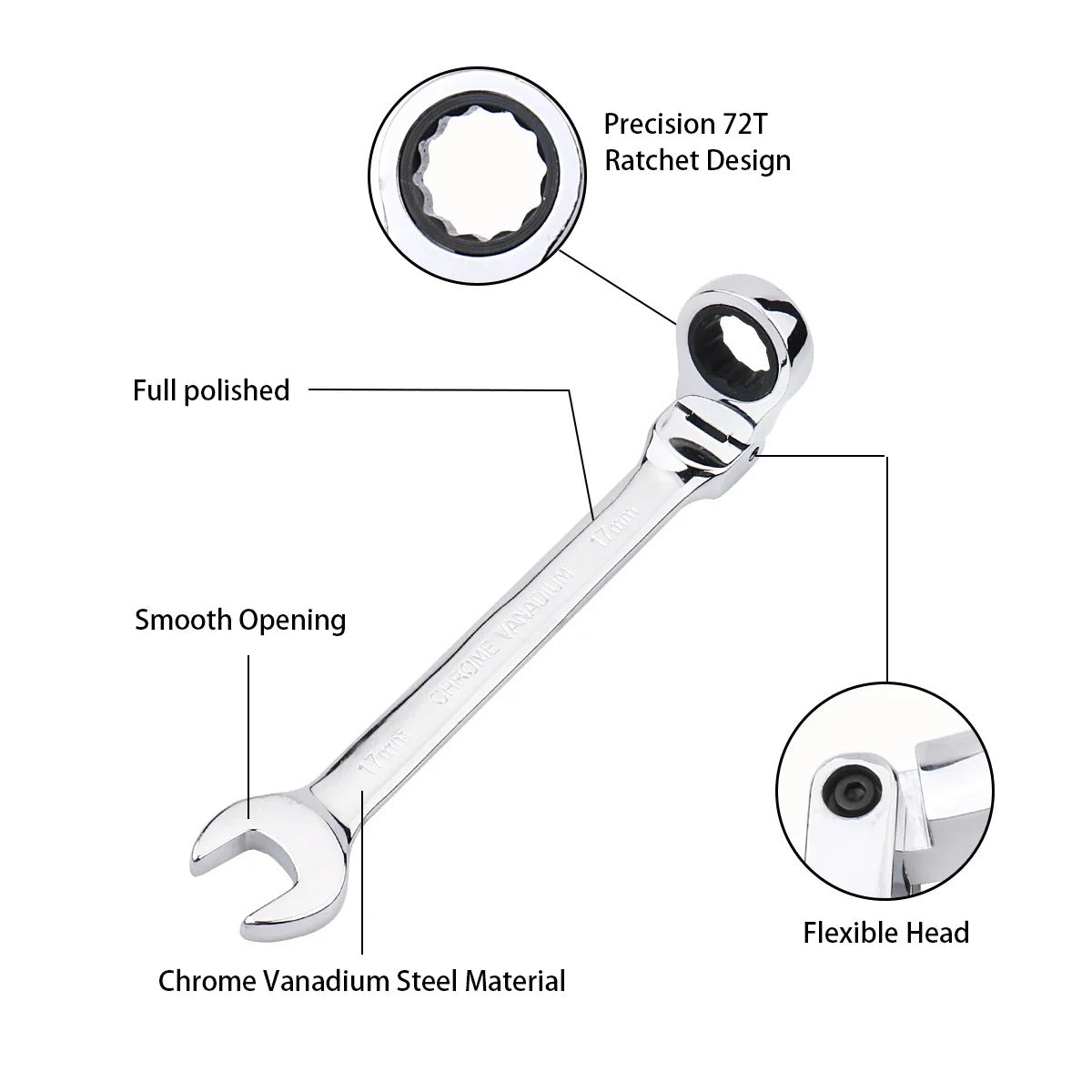 72-Tooth Flexible Head Ratchet Wrench – 6–27mm Auto & Home Repair Tool.