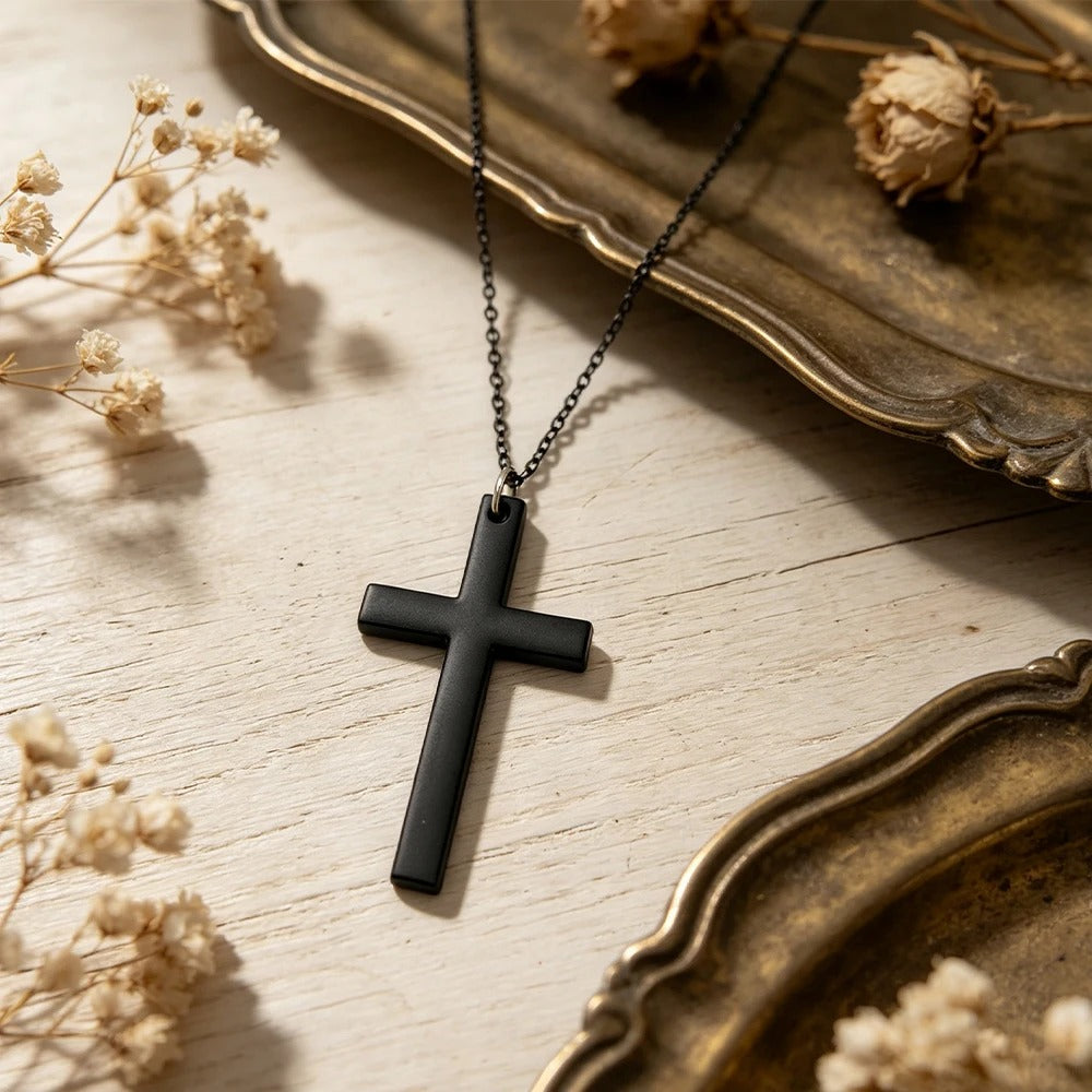 Matte Black Cross Necklace – Unisex Everyday Accessory