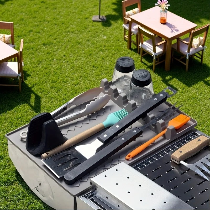 Silicone BBQ Mat with Drip Tray – Heat-Resistant Grill Side Burner & Utensil Holder.